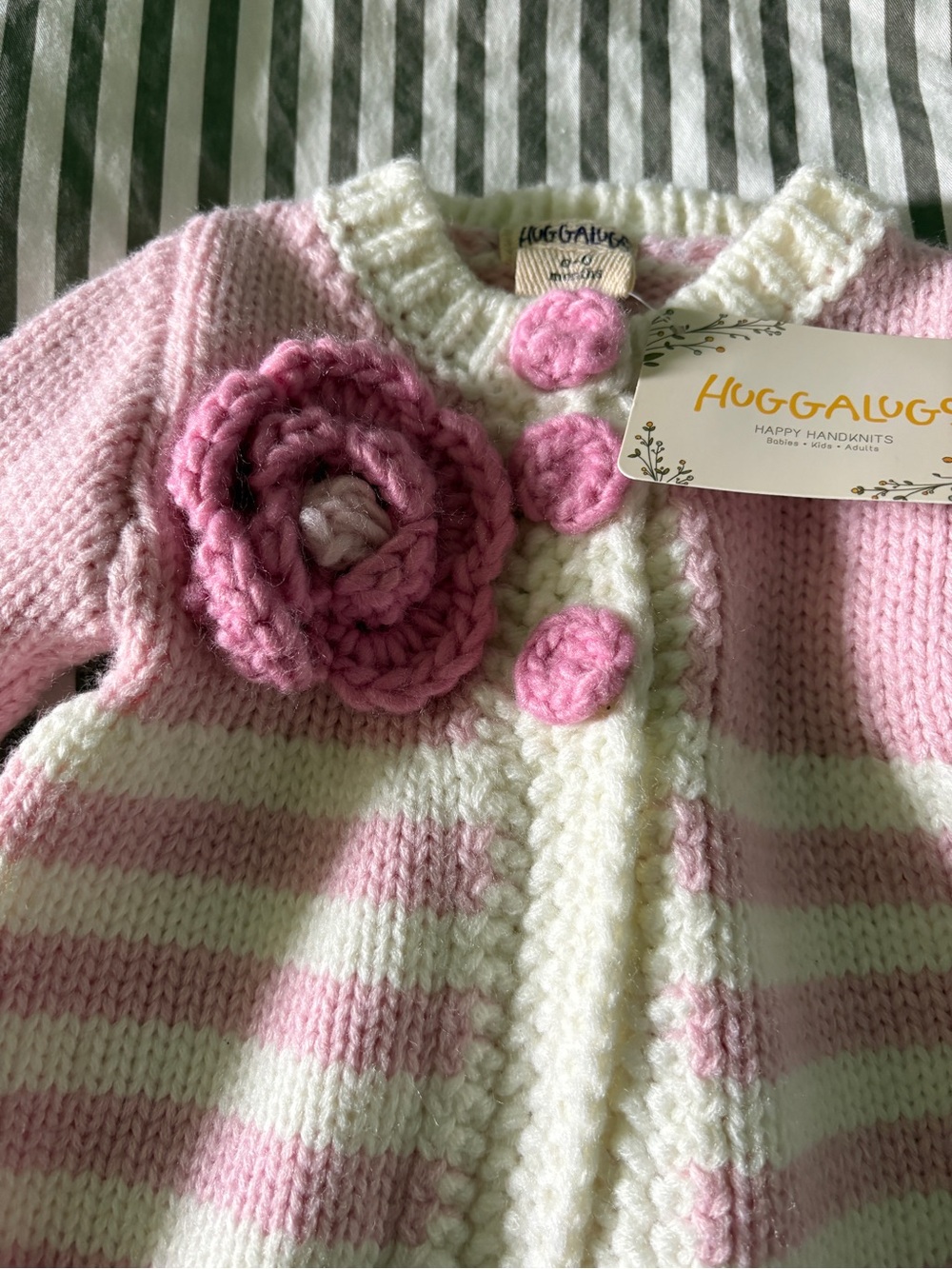 Baby Pink & Cream Striped Knit Baby Sweater  with Flower Embellishment